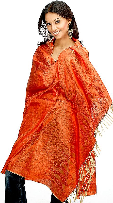 Orange Brocaded Shawl from Banaras with Tanchoi Weave