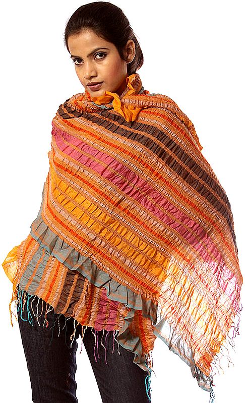 Orange Crinkled Stole with Multi-Color Weave