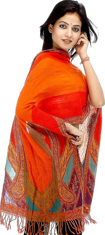 Orange Jamawar Boiled-Wool Stole