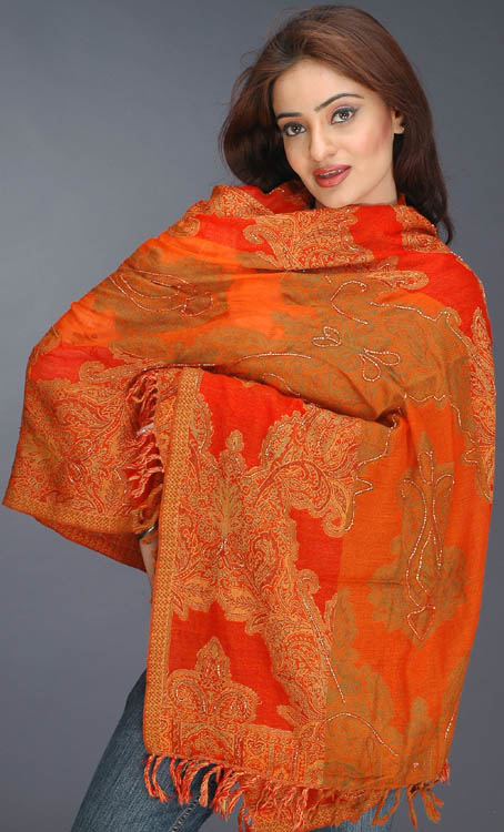 Orange Jamawar Stole with Beadwork