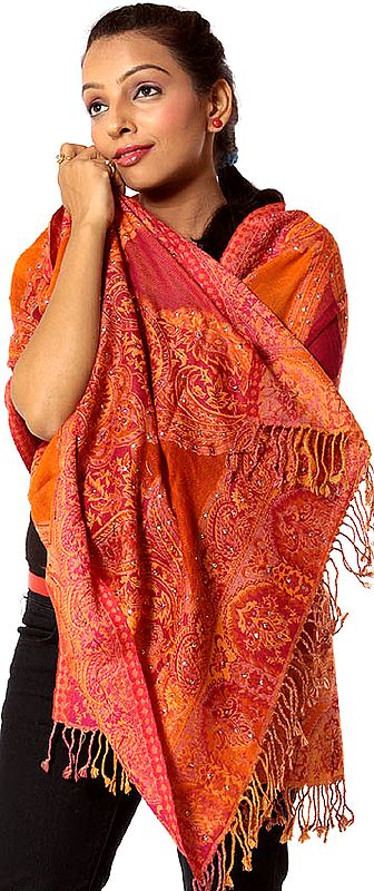 Orange Jamawar Stole with Embroidered Sequins