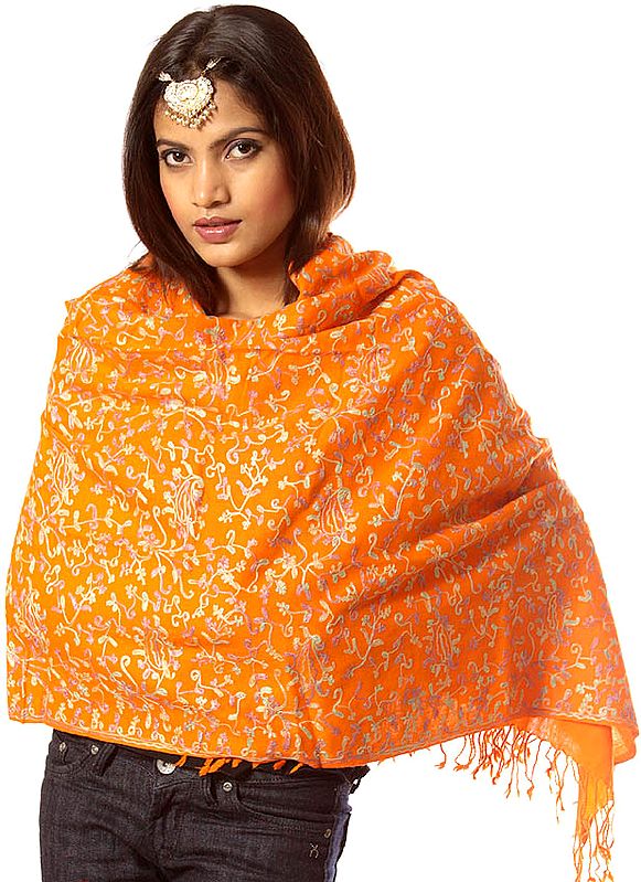 Orange Stole with Aari Embroidery All-Over