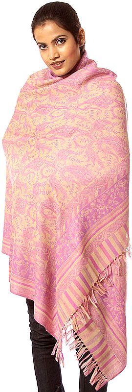 Orchid and Beige Reversible Jamawar Shawl with All-Over Woven Paisleys