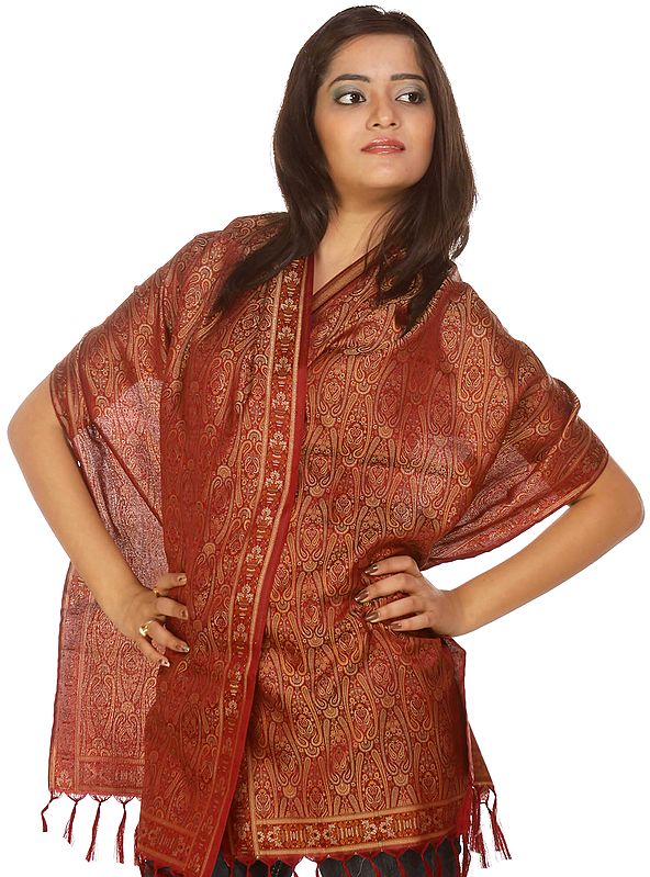 Oxblood-Red Tehra Banarasi Stole with All-Over Hand Woven Paisleys