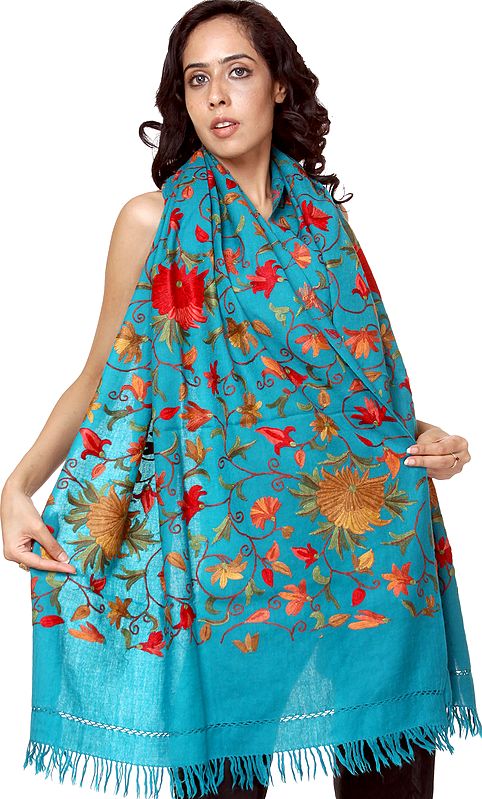 Pagoda-Blue Aari Stole from Kashmir with Floral Hand-Embroidery All-Over