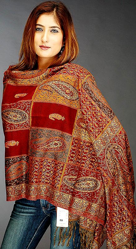 Paisley Jamawar Stole with Needle Embroidery by Hand