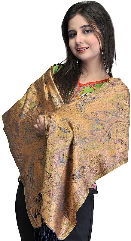 Pale Peach Reversible Jamawar Scarf with All-Over Woven Paisleys in Multi-Colored Thread
