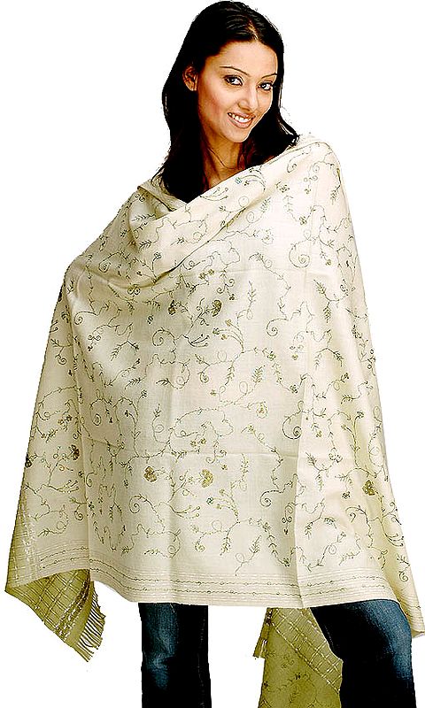 Pale Tea-Green Kullu Shawl with Thread Weave and Sequins