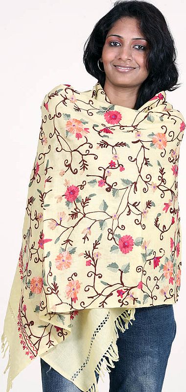 Pale Yellow Kashmiri Stole with Floral Embroidery