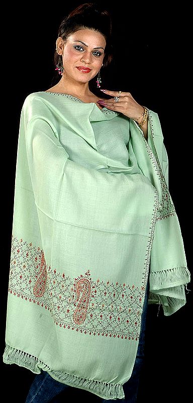 Pale-Green Kashmiri Stole with Embroidered Paisleys on Border