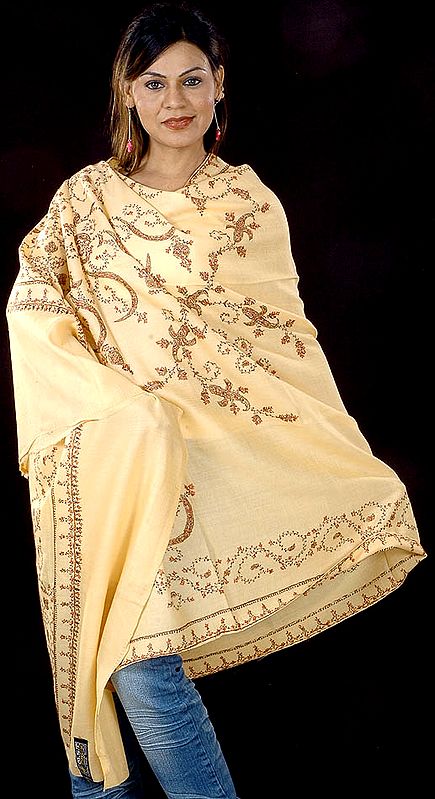 Pale-Yellow Kashmiri Shawl with Sozni Embroidery All-Over