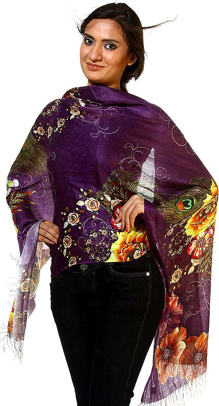 Pansy-Purple Stole with Digital Printed Flowers