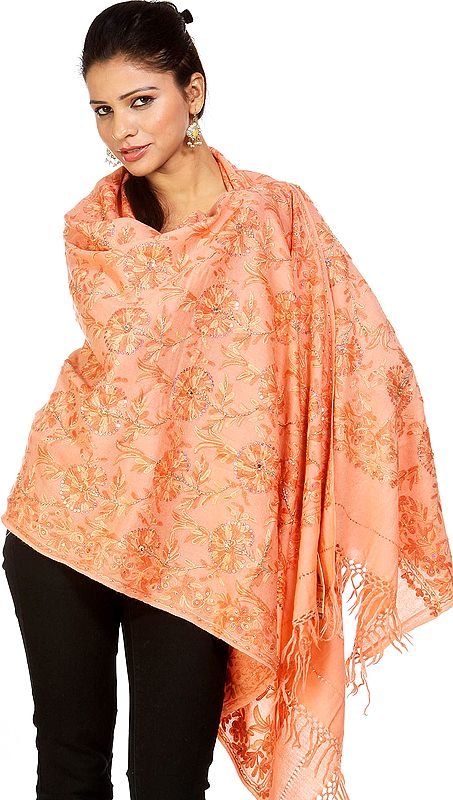 Papaya-Punch Stole with All-Over Aari Embroidered Flowers and Beads