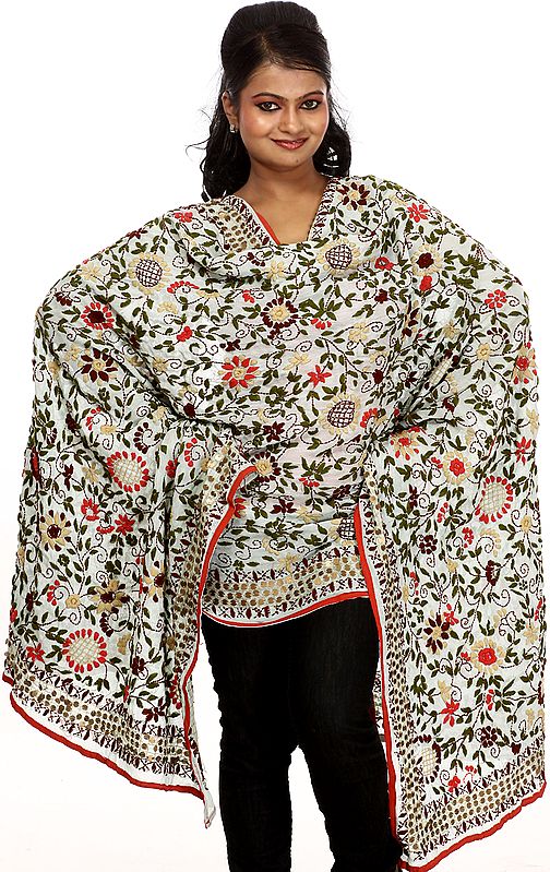 Pastel-Cyan Phulkari Dupatta from Punjab with Aari-Embroidery by Hand