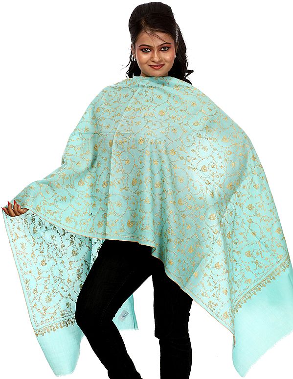 Pastel-Turquoise Stole from Kashmir with Needle Stitched Embroidered Flowers by Hand All-Over
