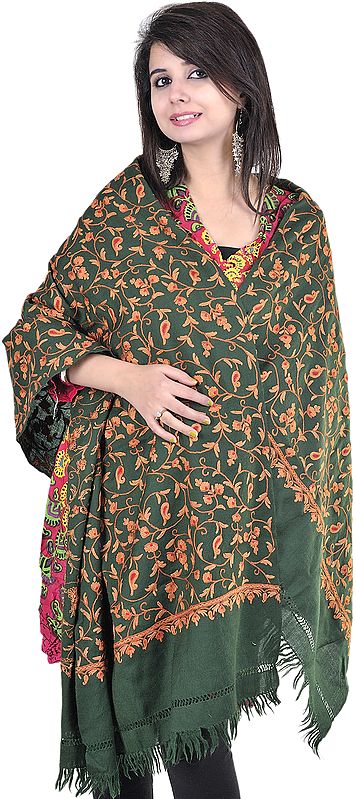 Pasture-Green Kashmiri Stole with Hand Embroidered Paisleys All-Over