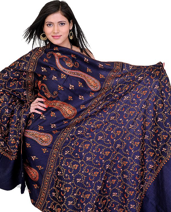 Patriot-Blue Tusha Shawl from Kashmir with Needle Embroidery by Hand