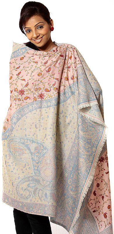Peach and Blue Paisley Shawl with Needle Stitch Embroidery All-Over