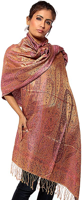 Peach and Flax Reversible Jamawar Stole with All-Over Woven Paisleys