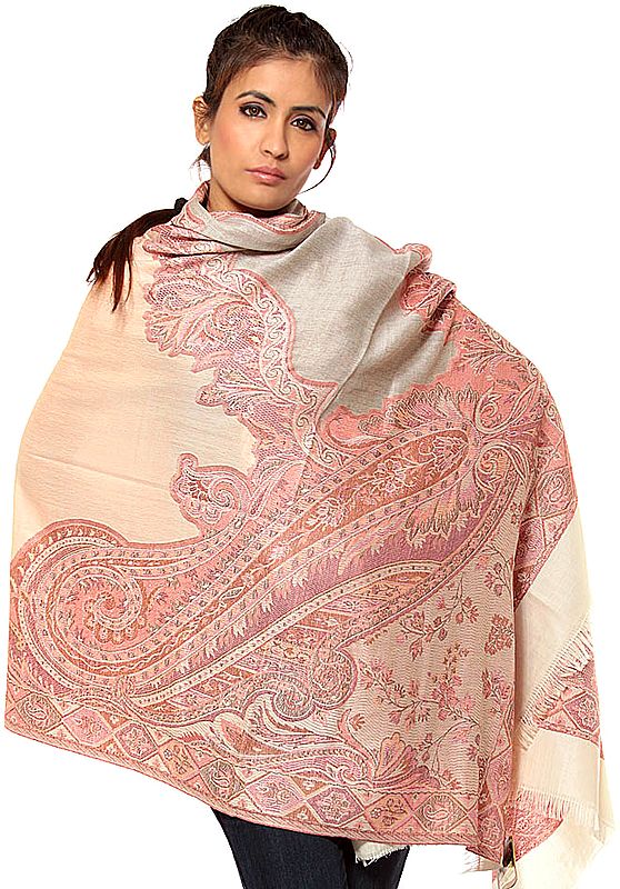 Peach and Ivory Jamawar Shawl with Large Woven Paisley