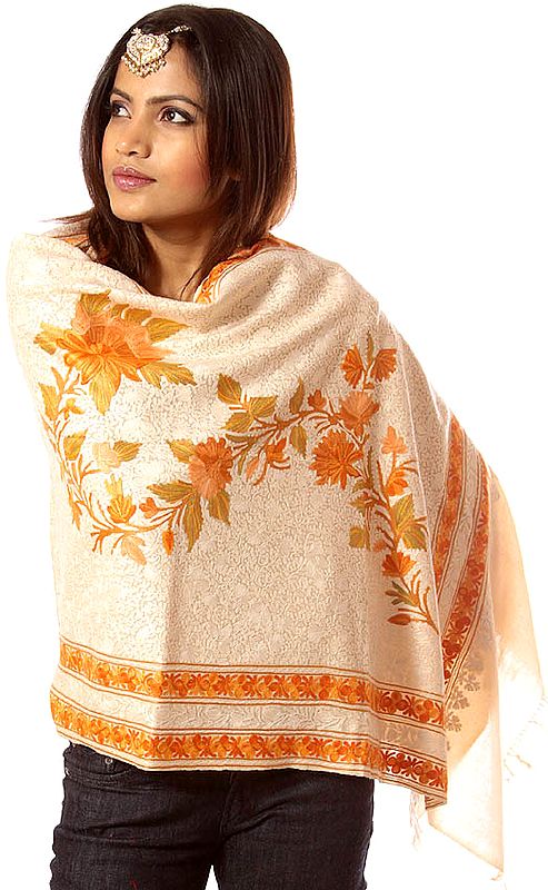 Peach Jamdani Stole from Kashmir with Dense Floral Embroidery
