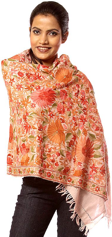 Peach Jamdani Stole from Kashmir with Dense Floral Embroidery All-Over