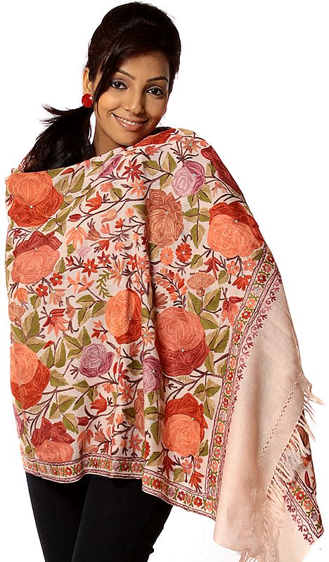 Peach Jamdani Stole from Kashmir with Large Embroidered Flowers
