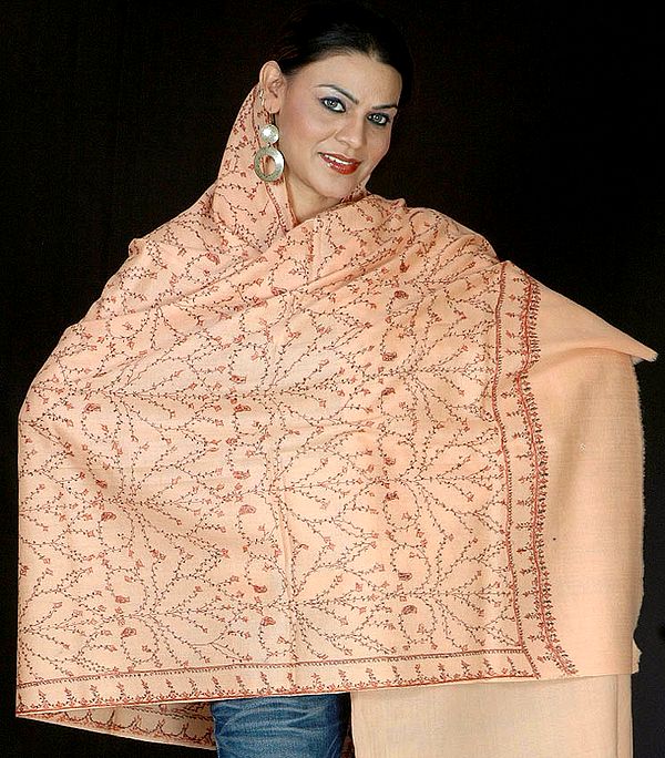 Peach Kashmiri Shawl with Sozni Embroidery All-Over