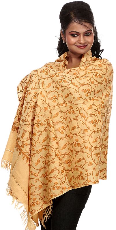 Peach Kashmiri Stole with Hand Embroidered Paisleys All-Over