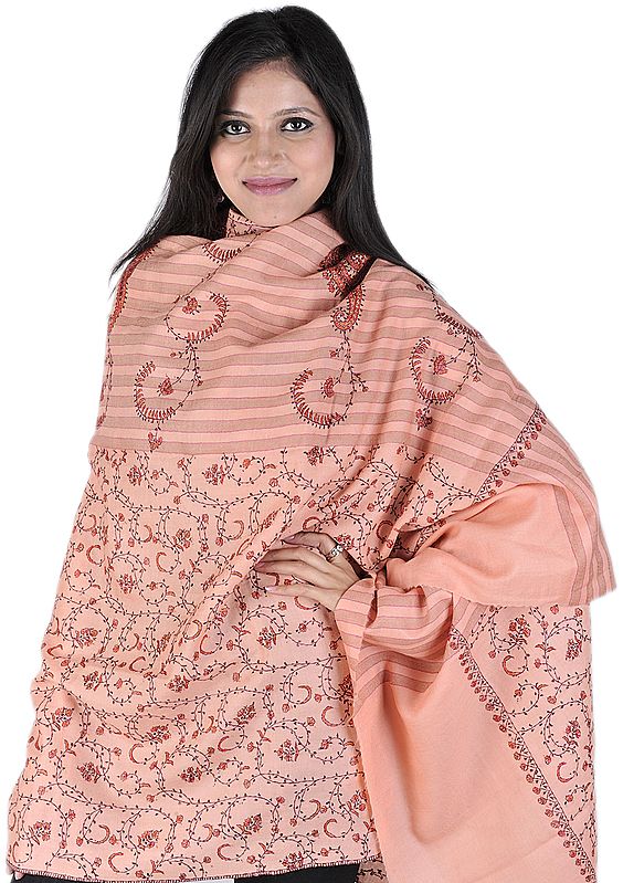 Peach-Nougat Tusha Shawl from Kashmir with Sozni Embroidery by Hand All-Over