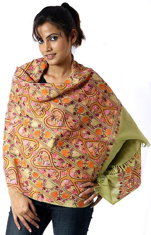 Pear-Green Jamdani Stole from Kashmir with Multi-Color Embroidery All-Over