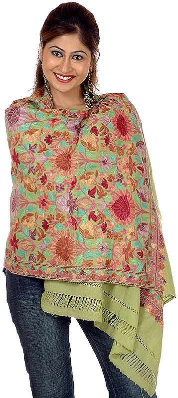 Pear-Green Jamdani Stole from with Large Embroidered Flowers