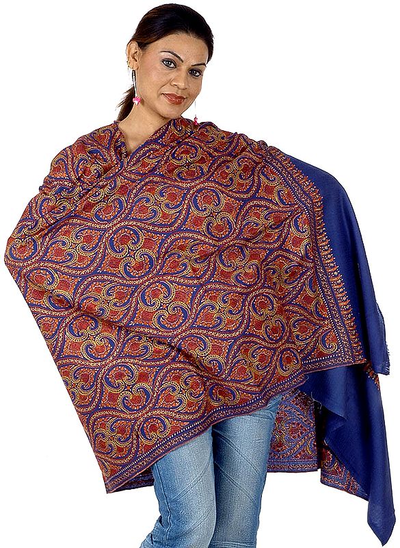 Persian-Blue Semi-Pashmina Kashmiri Shawl with Superfine Sozni Embroidery by Hand