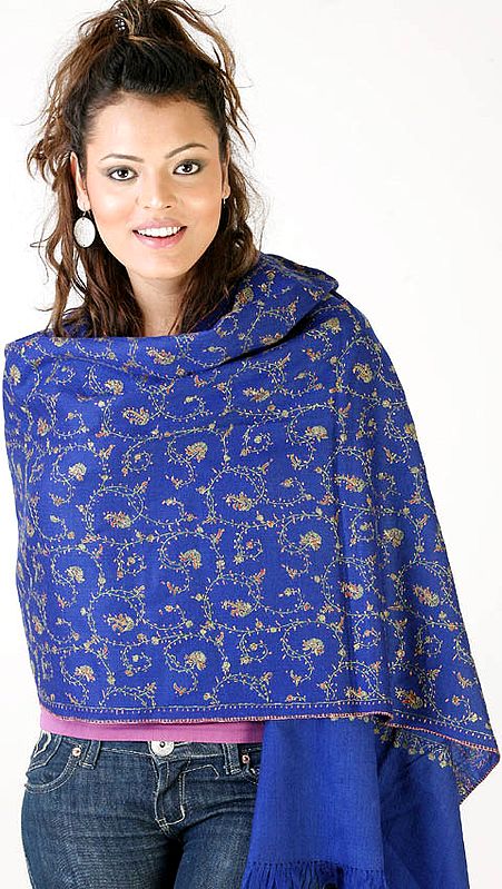 Persian-Blue Tusha Stole Hand-Embroidered in Kashmir