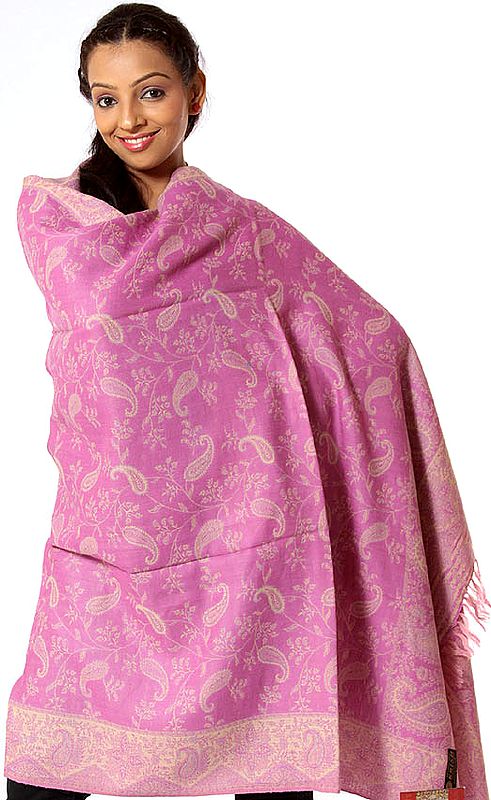 Pink and Beige Reversible Jamawar Shawl with Paisley Assembly