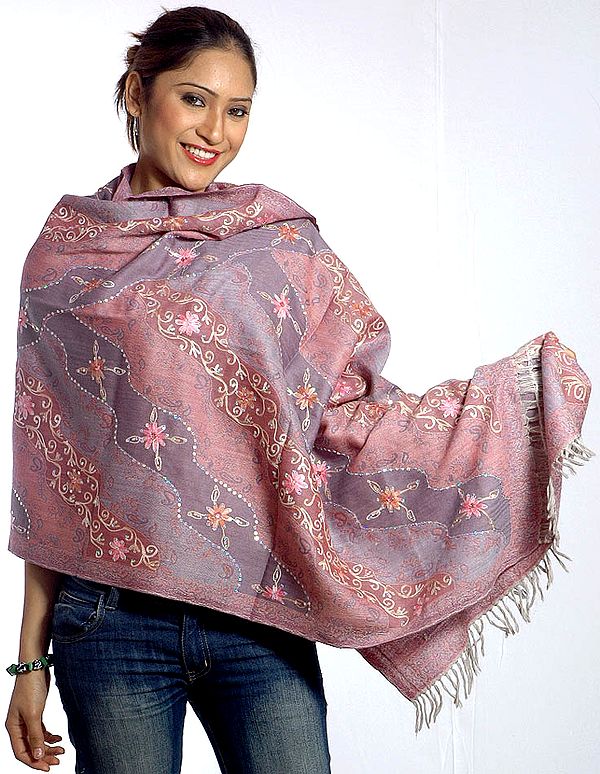 Pink and Gray Jamawar Stole with Sequins and Floral Aari-Embroidery