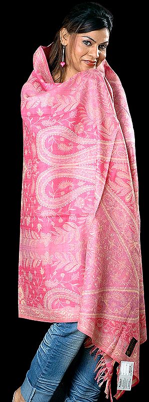Pink and Lilac Reversible Jamawar Shawl with All-Over Weave