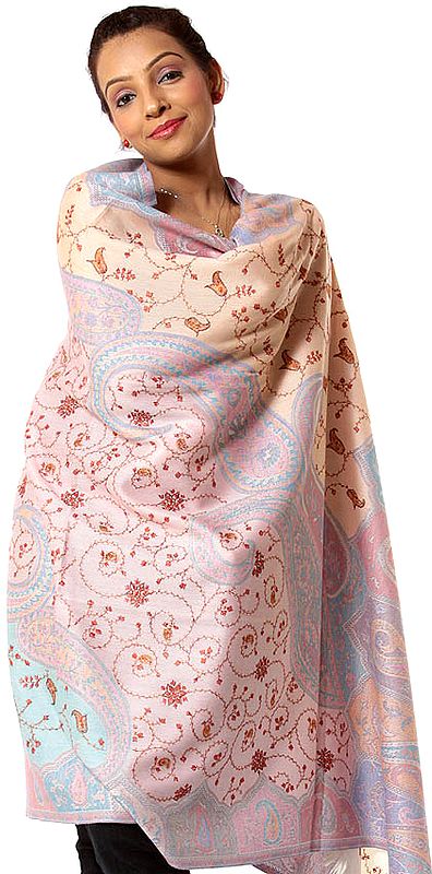 Pink and Peach Jamawar Shawl with Needle Embroidery by Hand