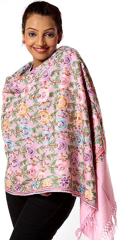 Pink Blue Aari Stole with Floral Embroidery All-Over