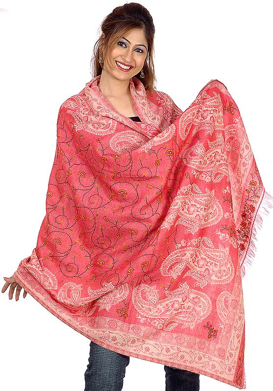 Pink Jamawar Shawl with All-Over Needle Stitch Embroidery
