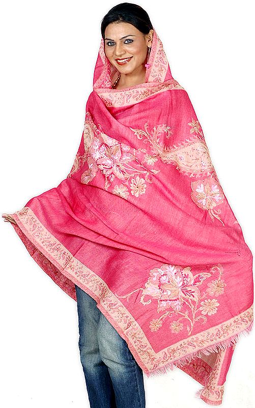 Pink Jamawar Shawl with Aari Embroidered Flowers