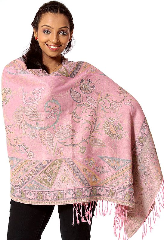 Pink Jamawar Stole with Floral Weave