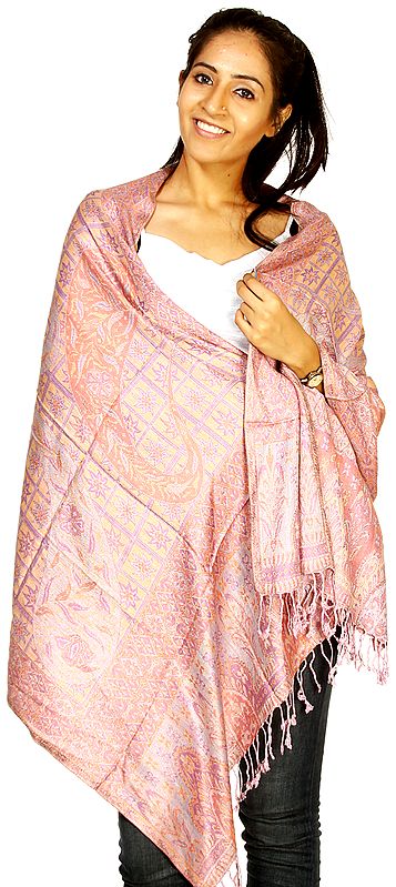 Pink  Jamawar Stole with Woven Paisleys All-Over