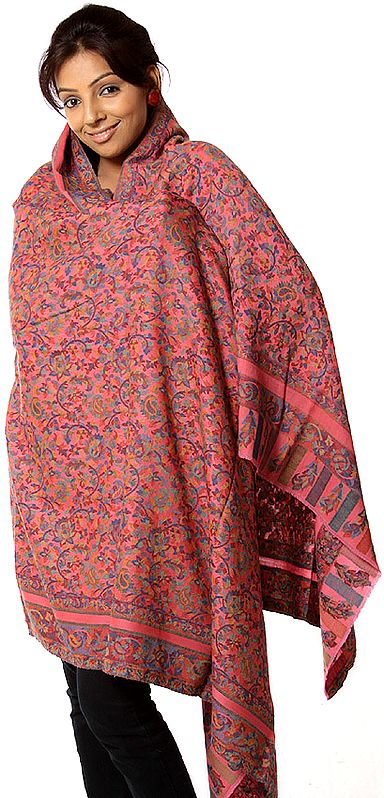 Pink Kani Shawl with Multi-Color Woven Flowers