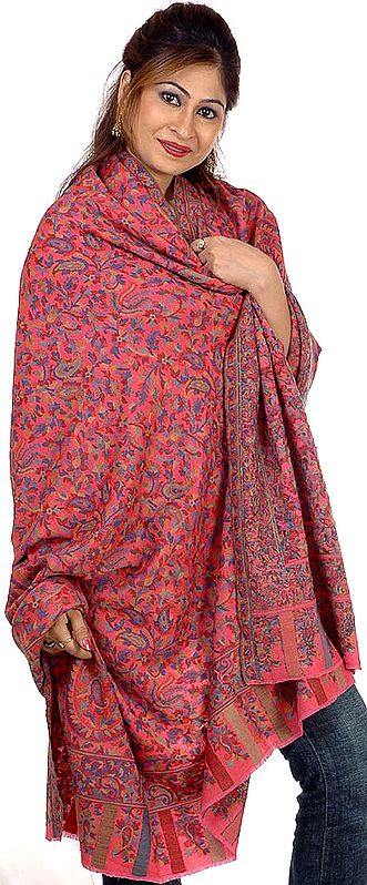 Pink Kani Shawl with Multi-Color Woven Paisleys All-Over