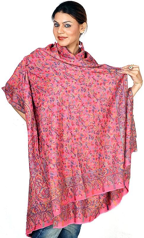 Pink Kani Shawl with Multi-Color Woven Paisleys All-Over