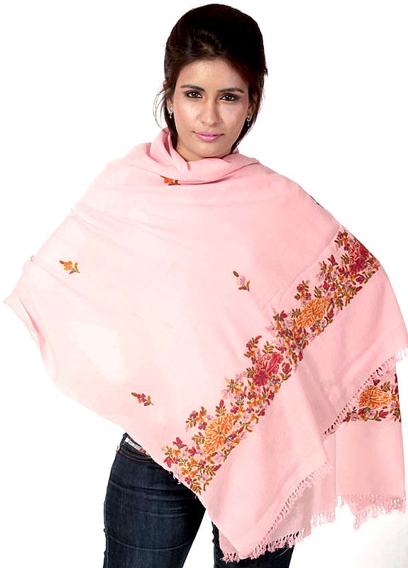 Pink Kashmiri Aari Stole with Hand-Embroidered Flowers with Metallic Golden Thread