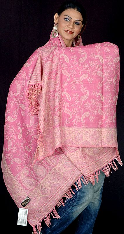Pink Reversible Jamawar Shawl with All-Over Woven Paisleys