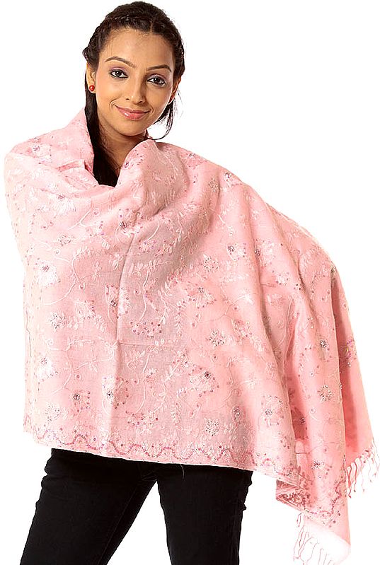 Pink Stole with Aari Embroidery and Sequins All-Over
