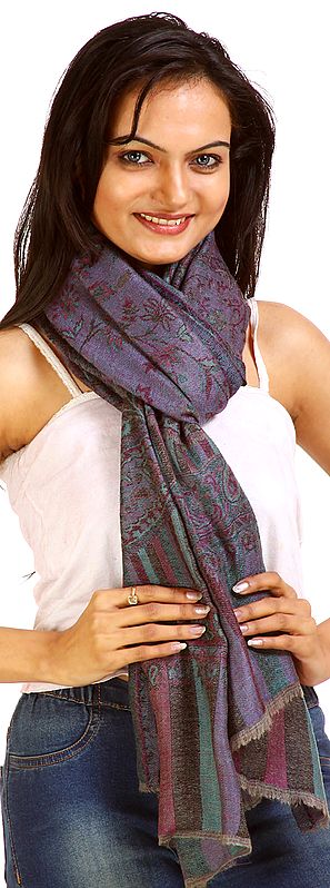 Pirate-Black Kani Stole with Woven Paisleys and Flowers in Multi-Color Thread